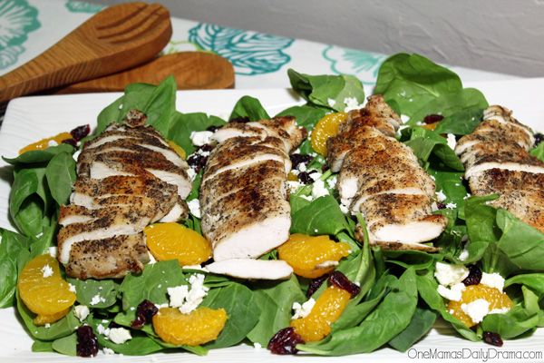Side view of sliced chicken breasts layered on top of a salad.