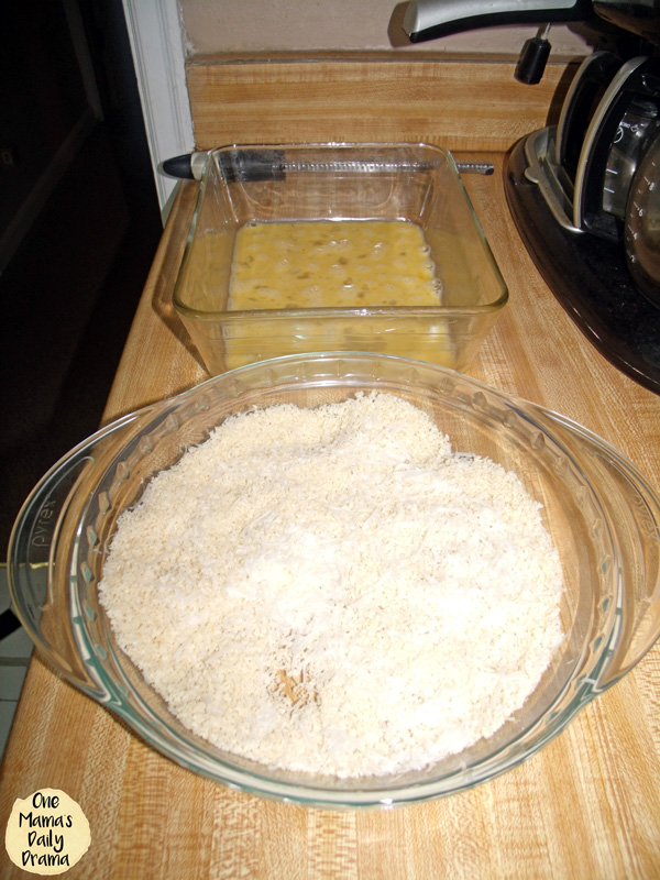 chicken parmesan dredging station with egg and crumb