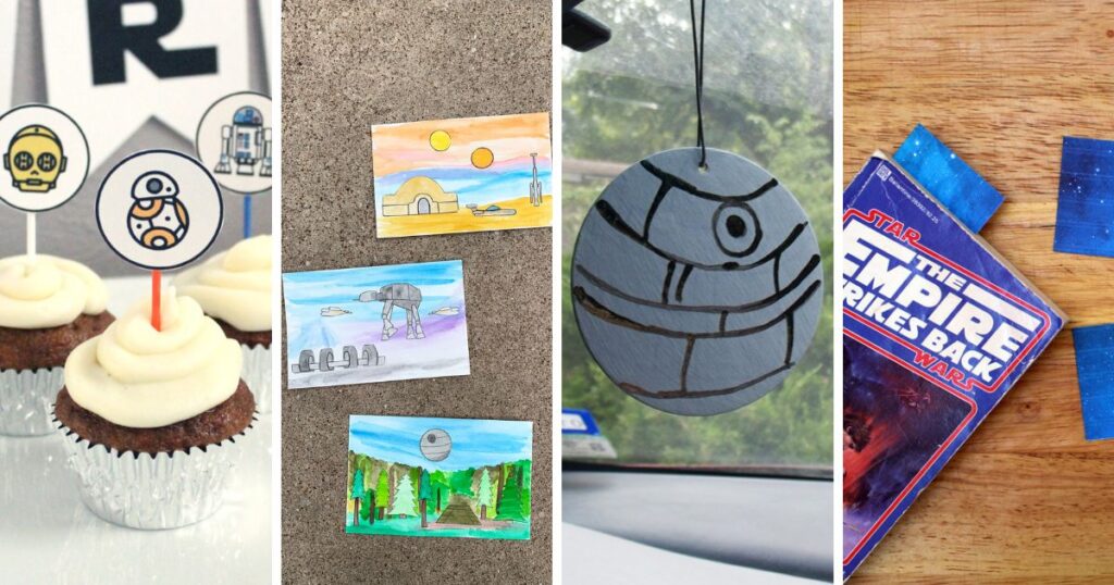 Collage of images including a BB-8 cupcake, watercolor Star Wars landscapes, air freshener Death Star, and space bookmarks.