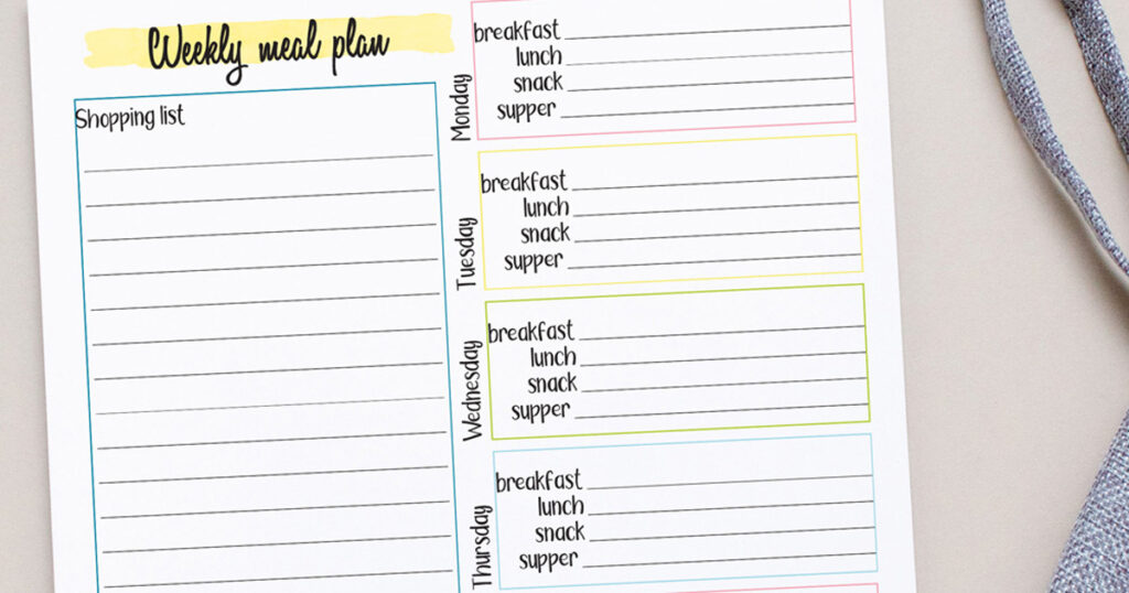 Closeup of a weekly meal plan and grocery shopping list.