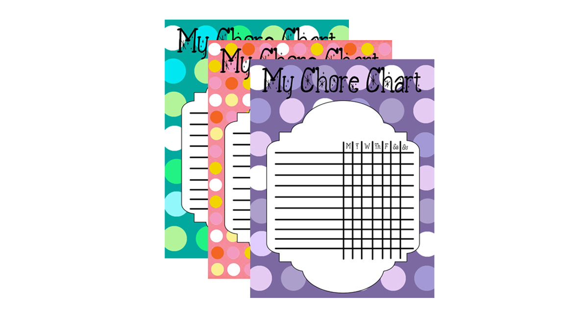 Chore chart for kids with colorful pink, green, and blue dots and a daily grid checklist.