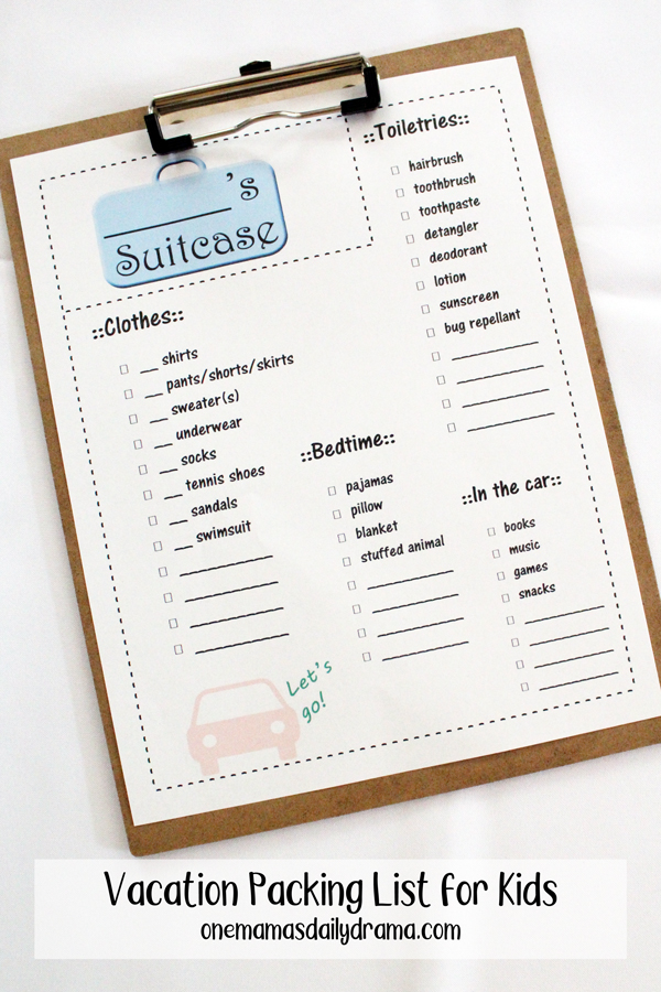 Printable Vacation Packing List for Kids