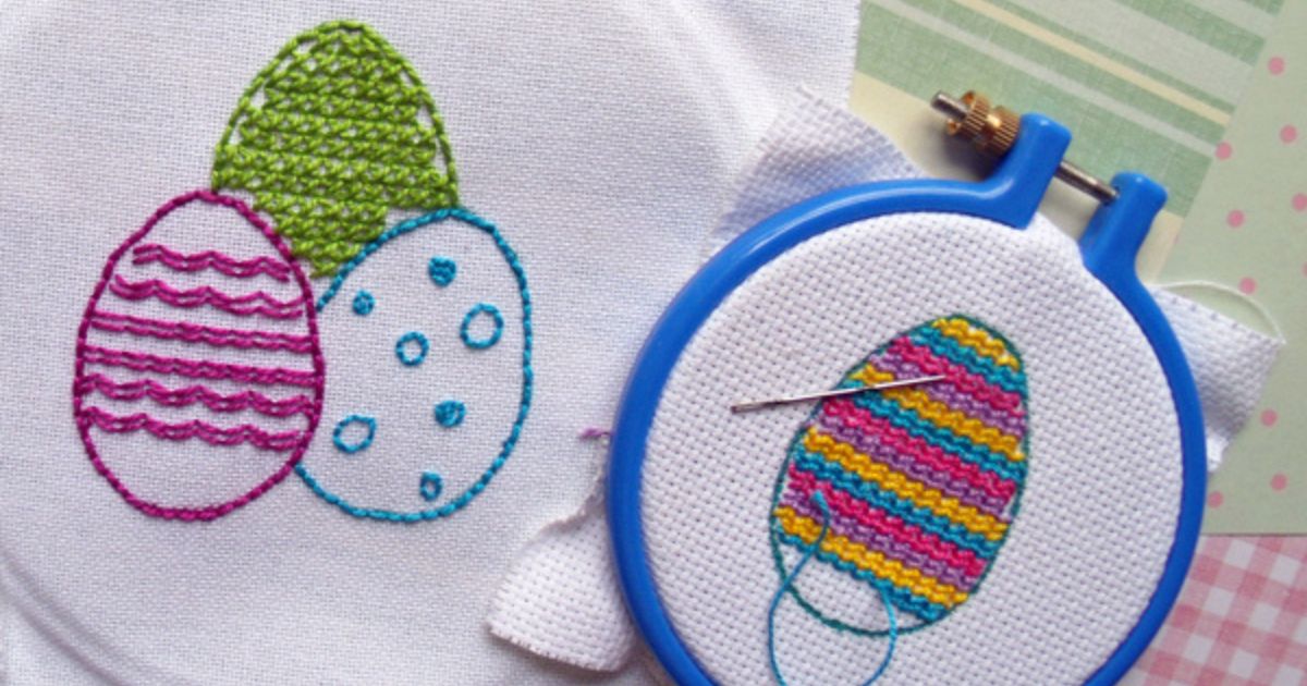 Easter egg embroidery with solid green, pink stripes, and blue polka dots.