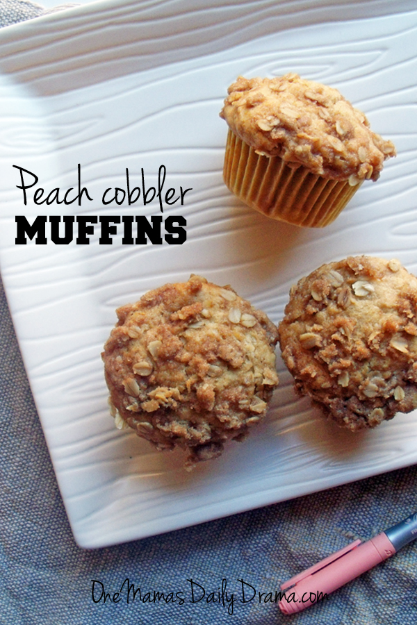 Peach cobbler muffins | One Mama's Daily Drama --- This yummy recipe has all the flavor of peach cobbler, baked into a muffin. It's perfect for snacking and sharing!