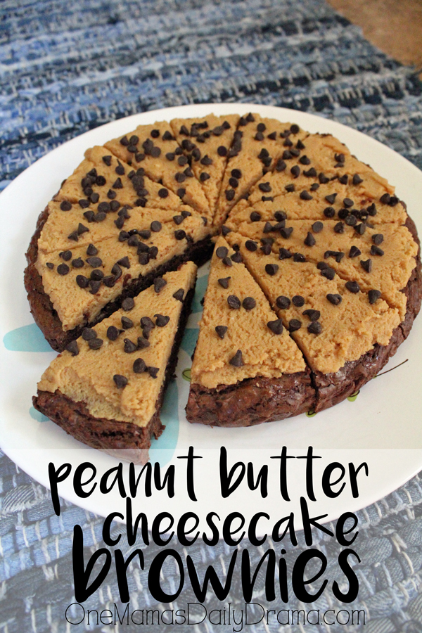 Peanut butter cheesecake brownies cut into 12 slices on a plate.