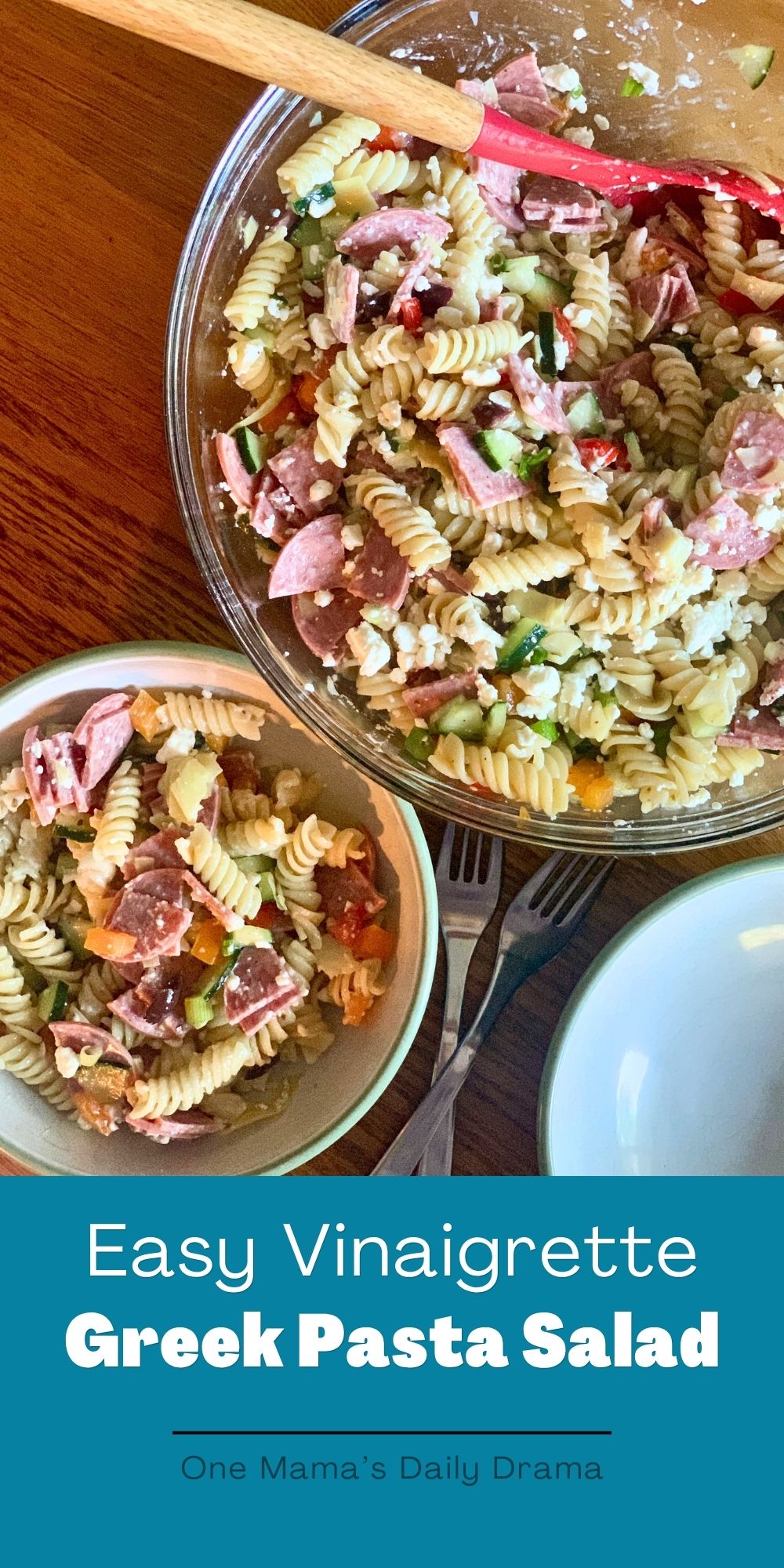 Easy vinaigrette Greek pasta salad.