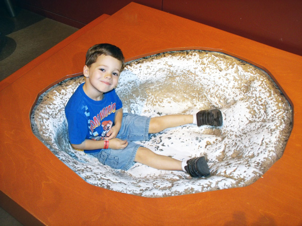 a small child sits in a dinosaur footprint at the Fort Worth Museum of Science and History