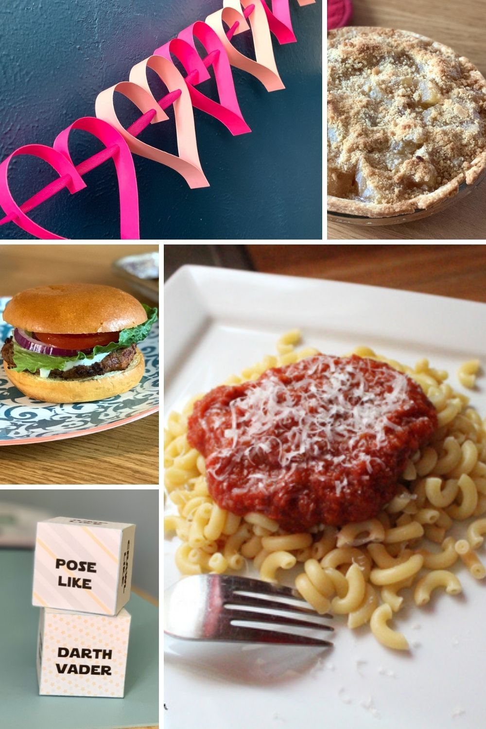 Seasonal family dinner ideas including apple pie, spaghetti and meat sauce, and a hamburger; a heart garland and paper activity dice.