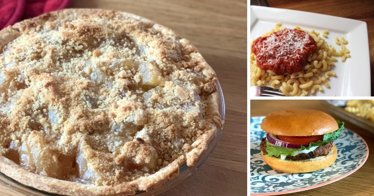 Seasonal family dinner ideas including apple pie, spaghetti and meat sauce, and a hamburger.