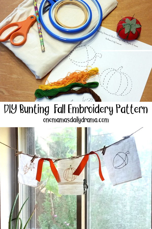 embroidery pattern, hoop, and thread beside finished bunting and text overlay that reads "DIY bunting fall embroidery pattern"