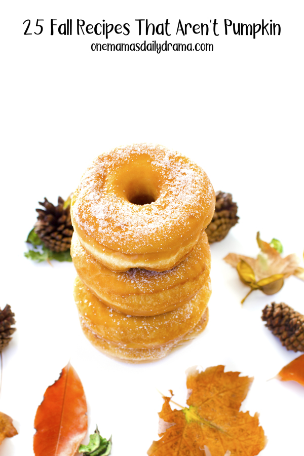 A stack of fried doughnuts sprinkled with powdered sugar and surrounded by leaves and pinecones