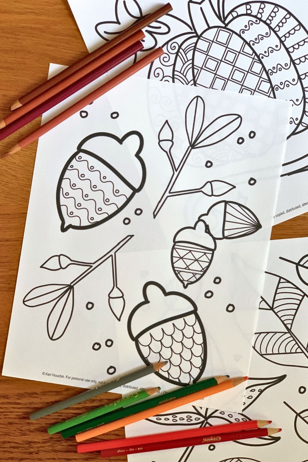 Acorn coloring page with 4 acorns and a few leaves filled in with patterns.