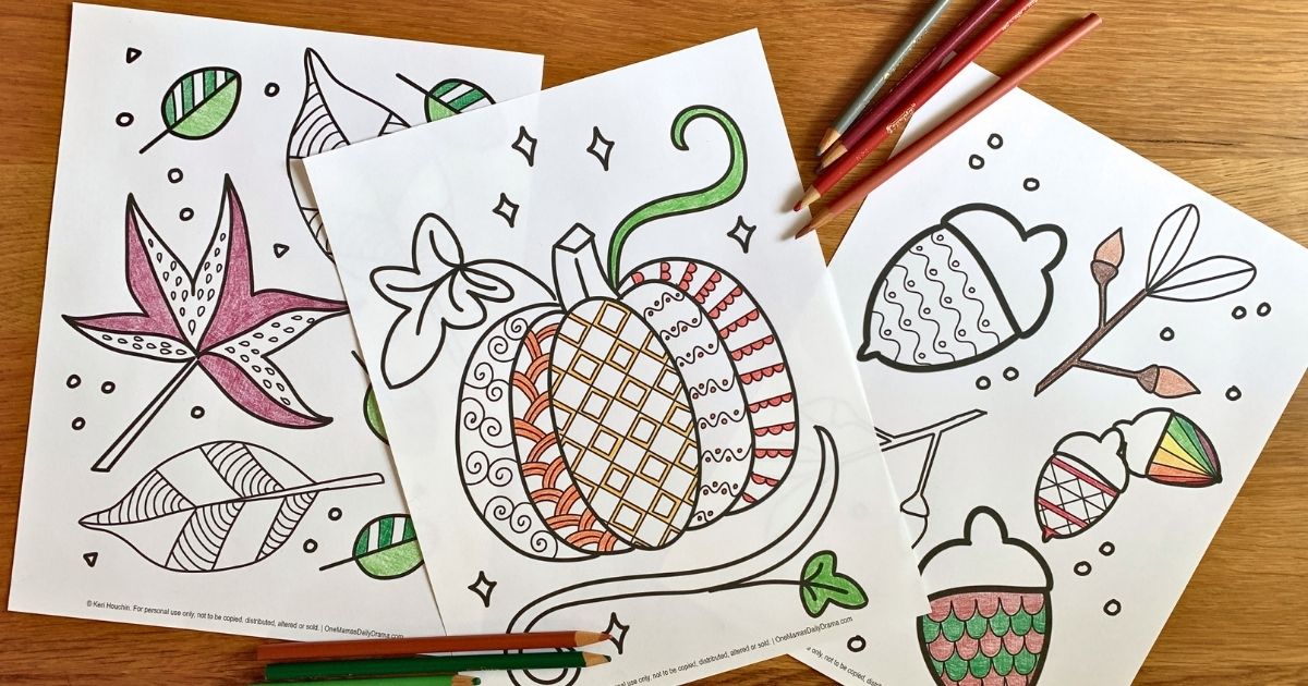 Fall zentangle coloring pages with leaves, a pumpkin, and acorns filled in with repeating patterns.