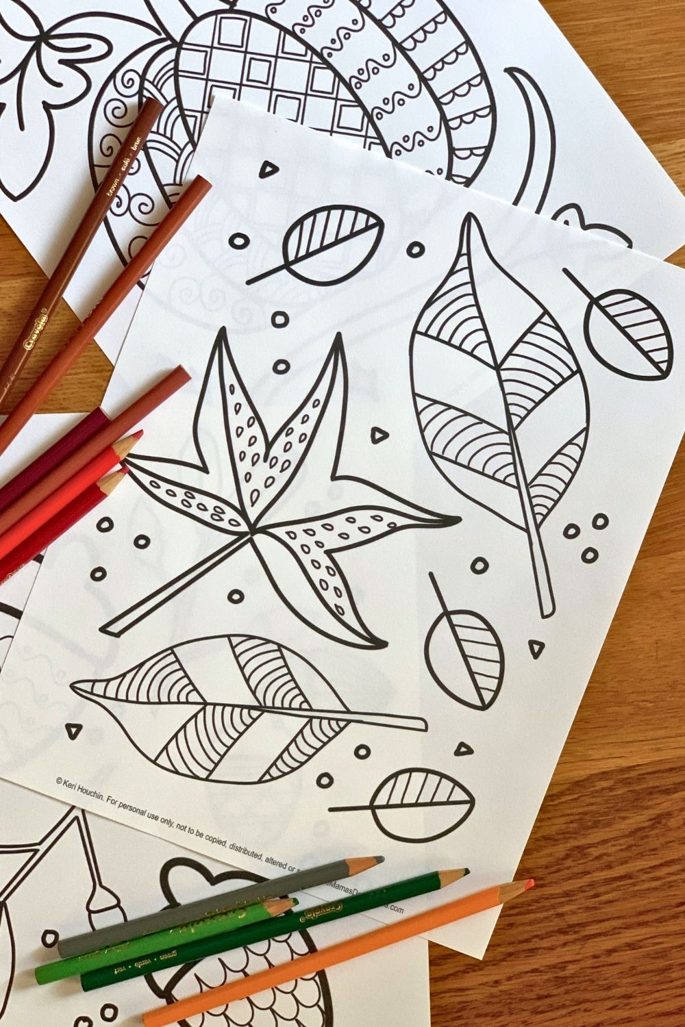 Leaf coloring page with 7 leaves in assorted sizes and shapes divided into sections of striped patterns.