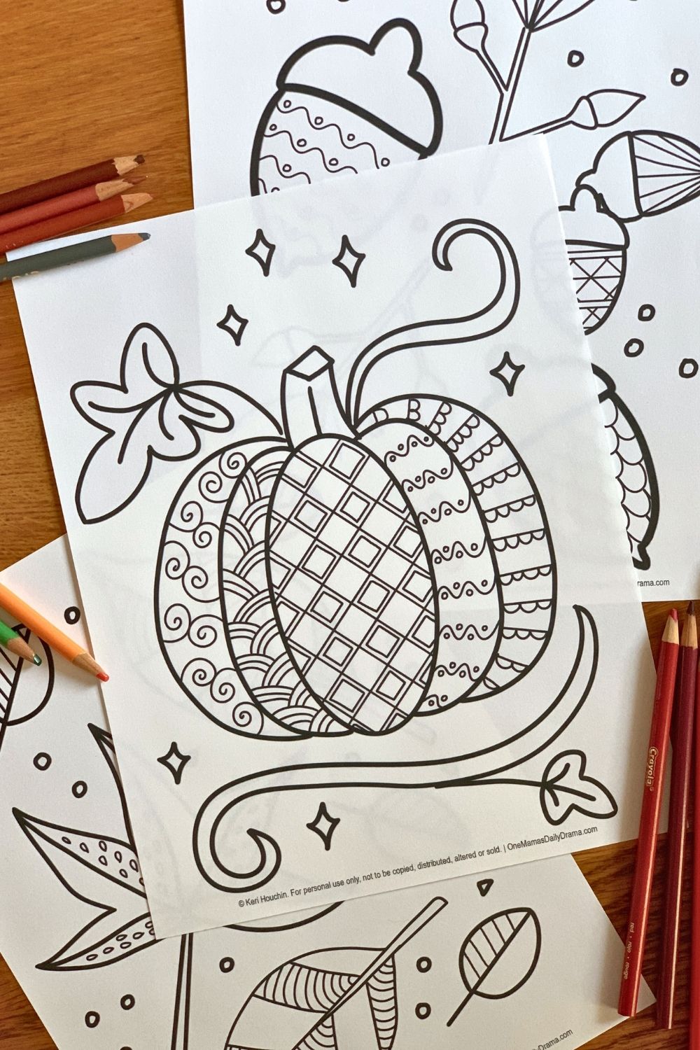 Pumpkin coloring page with each segment filled in with a different pattern.
