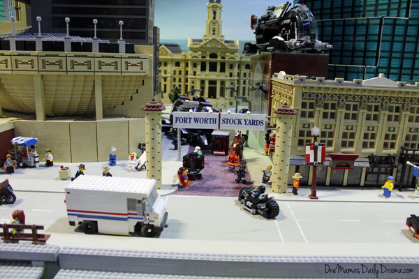a section of the Miniland display at Legoland Discovery Center showing the For tWorth Stockyards