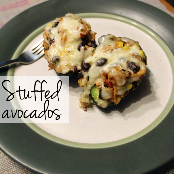 Southwest stuffed avocados | from One Mama's Daily Drama --- Spicy chicken, beans, and cheese stuffed in an avocado half.