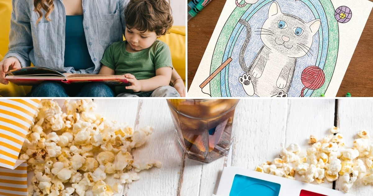 Collage of mom and son activities including reading, coloring, and popcorn with a movie.