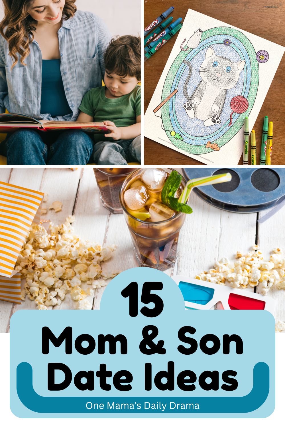 Collage of mom and son date ideas including reading, coloring, and watching a movie with popcorn.