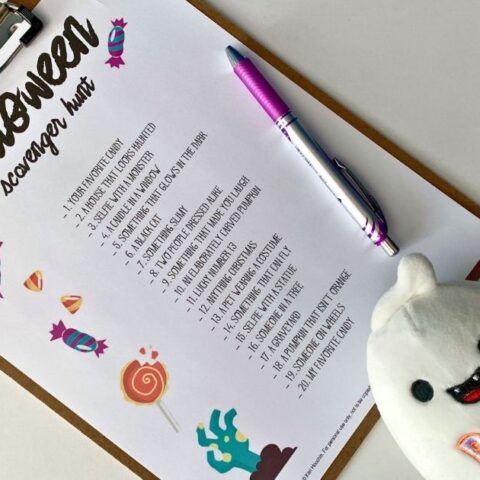Halloween scavenger hunt with a checklist of things for tweens and teens to find in the neighborhood.