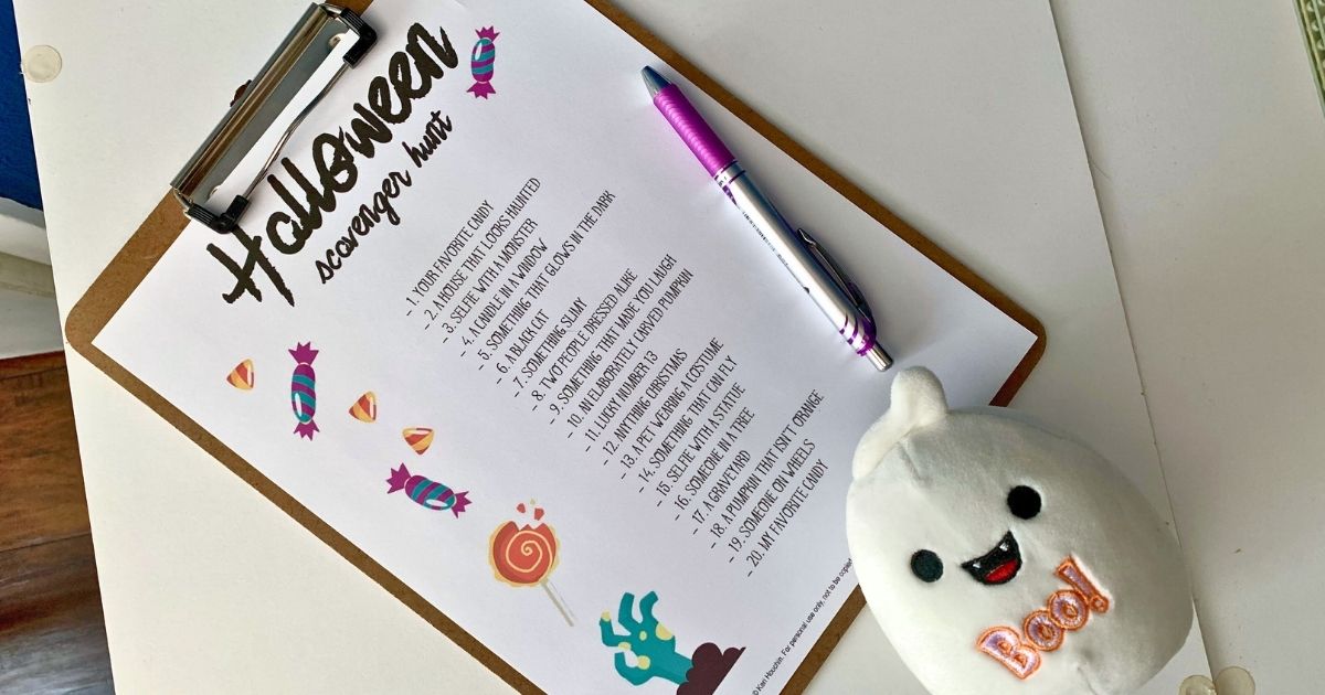 Halloween scavenger hunt with a checklist of things for tweens and teens to find in the neighborhood.