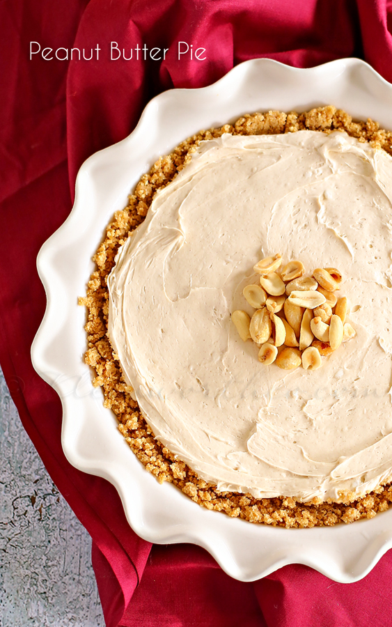 Whole No Bake Peanut Butter Pie with creamy filling topped with peanuts from Kleinworth & Co.