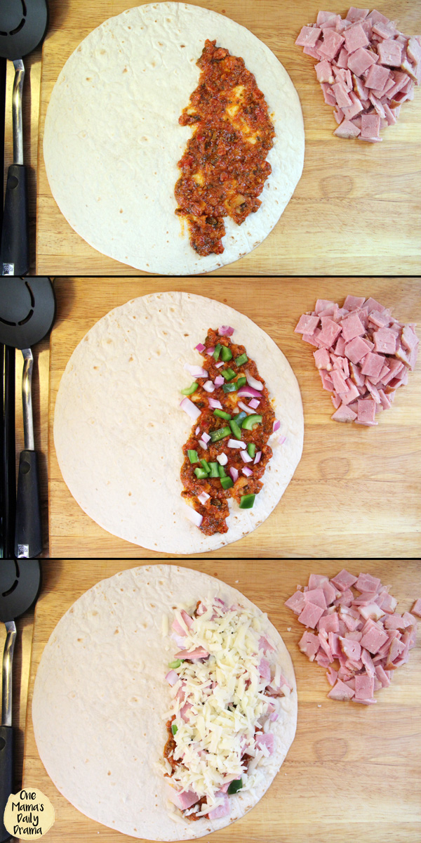 Italian quesadilla assembly: sauce, veggies, meat and cheese