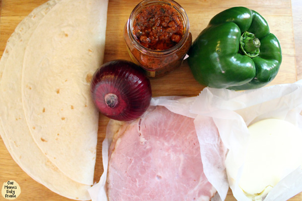 tortillas, ham, provolone, red onion, green bell pepper, and tomato pesto