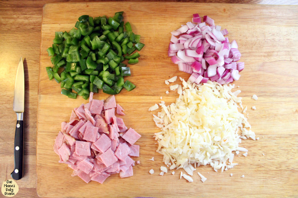 diced peppers, onions, and ham and grated provolone