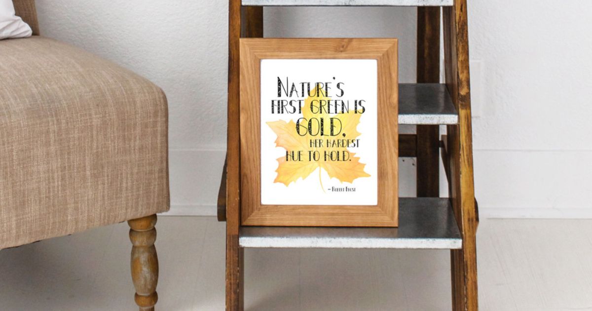 Two autumn wall art quotes on fall leaf watercolor backgrounds.