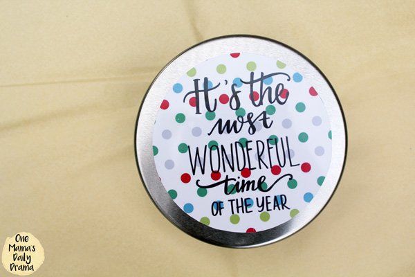 Metal tin with a holiday label that says "It's the most wonderful time of the year."