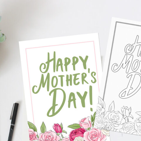 Printable Mother's Day card: pretty watercolor design or color your own card