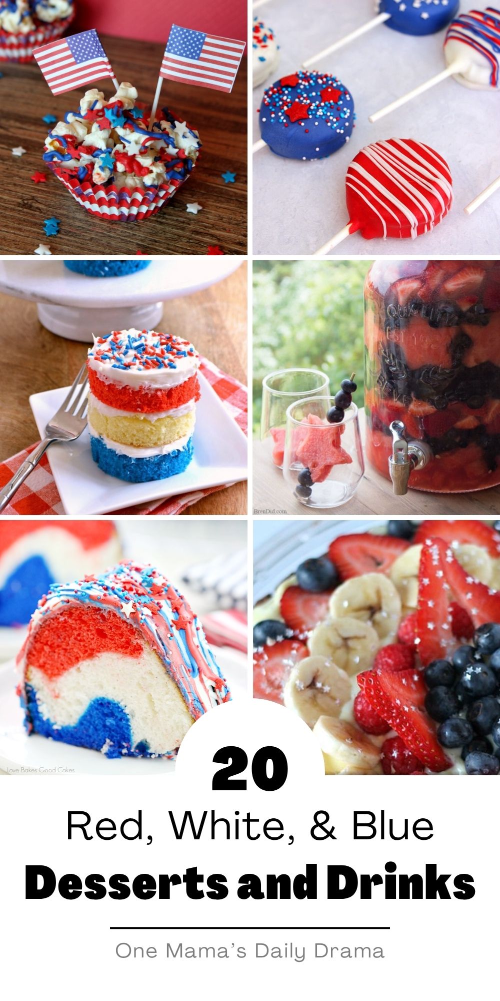 Collage of red, white, and blue desserts and drinks.