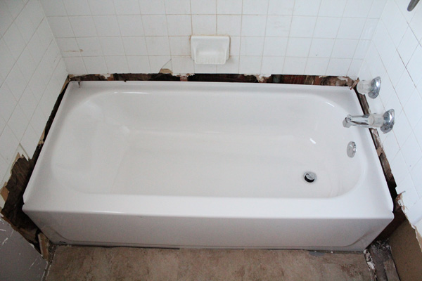 bathroom remodel: new tub in place
