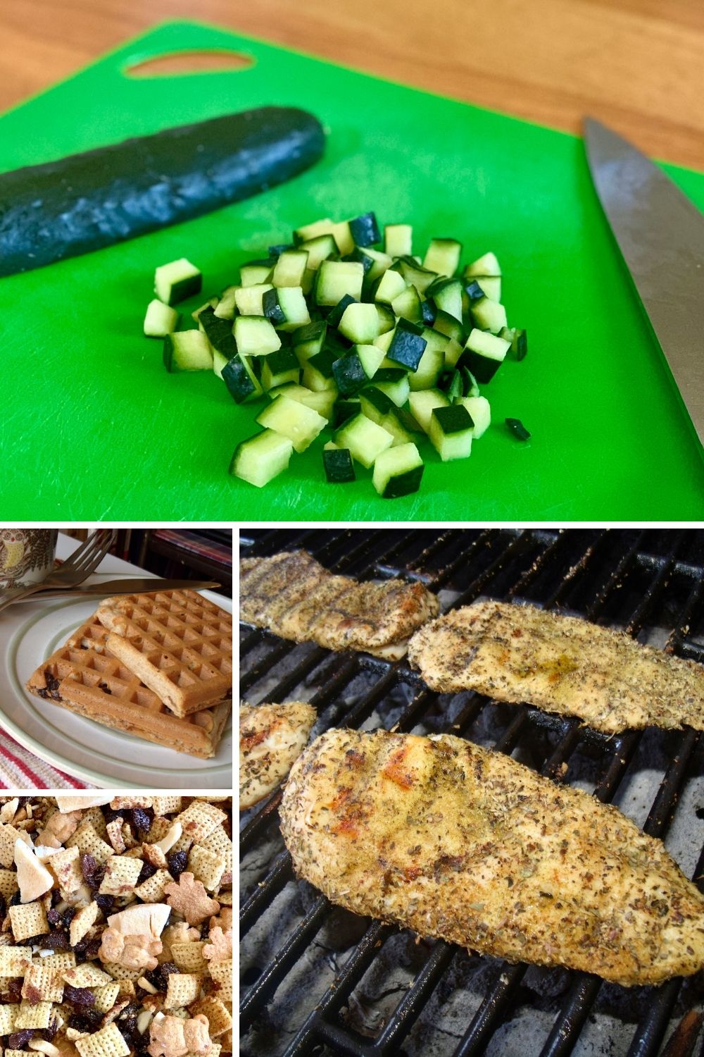 Collage of food prep tasks including chopping cucumber, baking waffles, mixing snack mix, and grilling chicken.