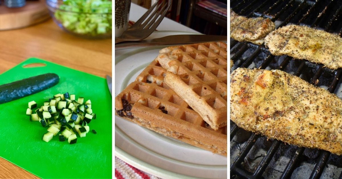 Collage of food prep tasks including chopping cucumber, baking waffles, and grilling chicken.