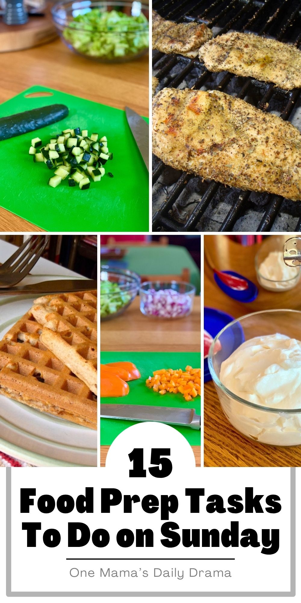 Collage of food prep tasks including chopping cucumber and peppers, baking waffles, making whipped cream, and grilling chicken.