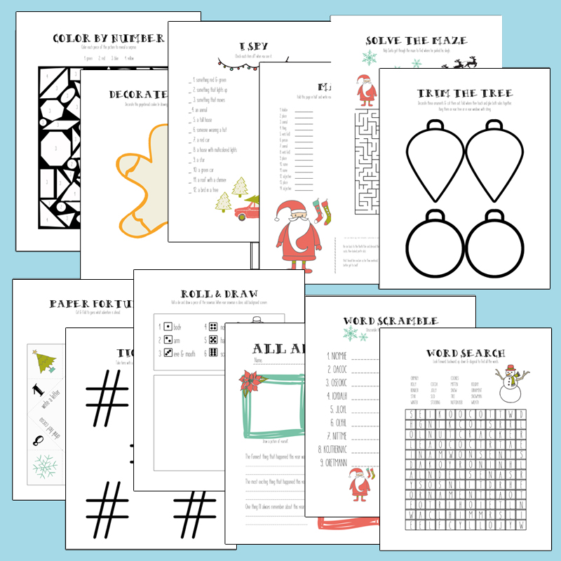 Christmas activity bundle including coloring pages, puzzles, and writing prompts.