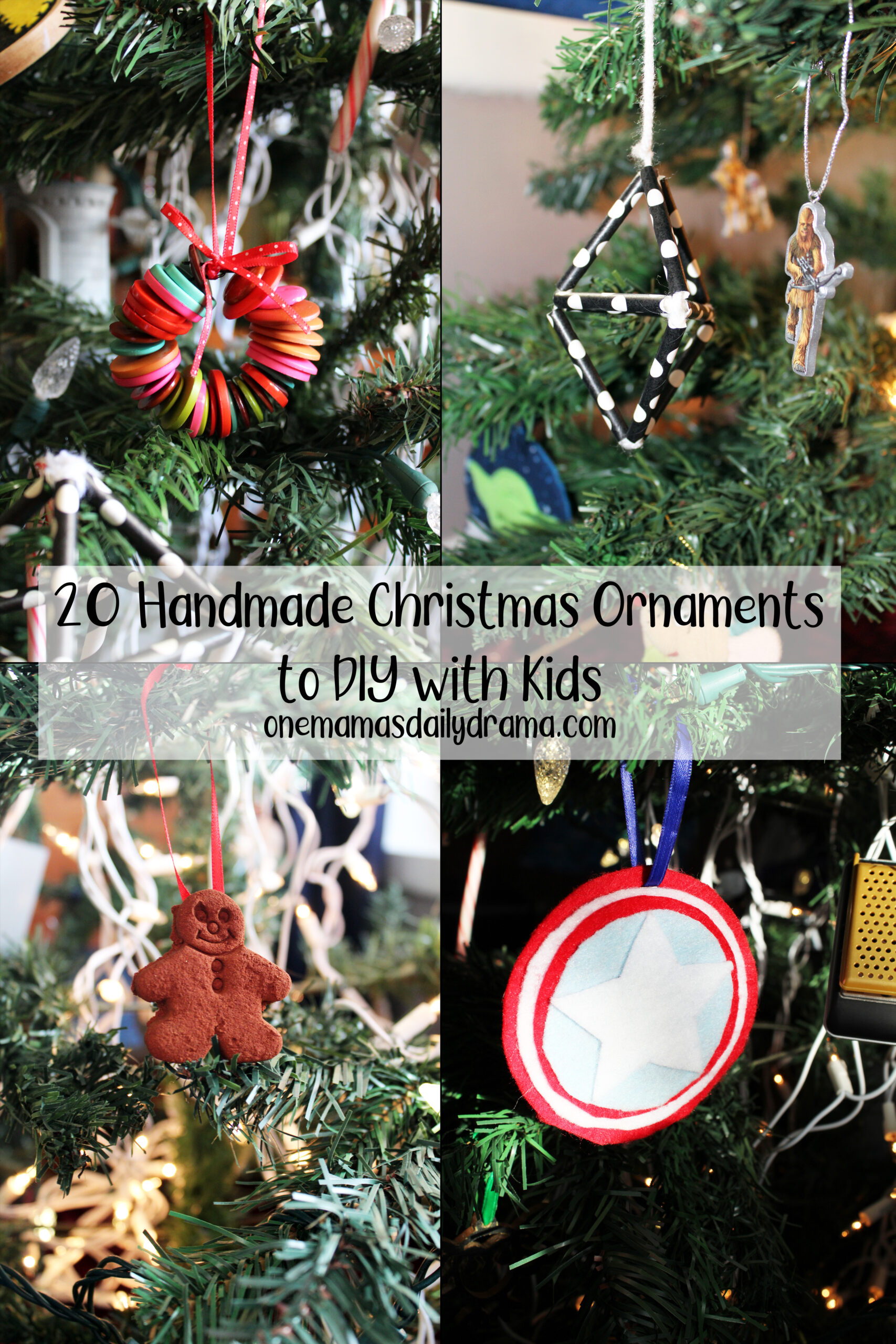 collage of photos with Christmas ornaments on a tree