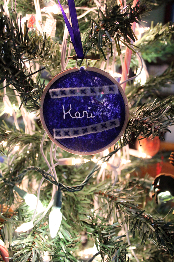 3-inch embroidery hoop ornament with "Keri" stitched in the center