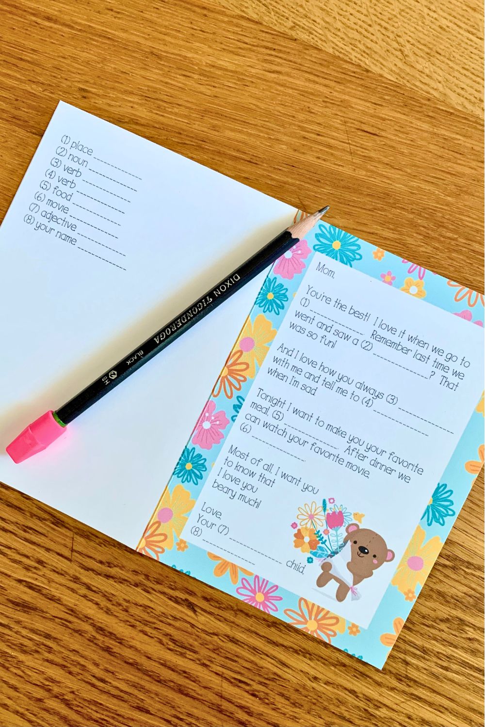 A Mother's Day Mad Libs style card with the numbered blanks on the left and a letter to mom with gaps on the right.