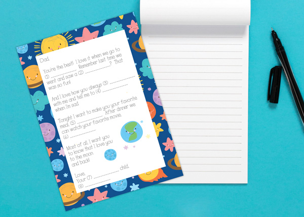 a colorful space-themed card with a fill-in-the-blank message for dad