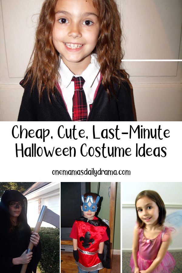 collage of photos from this blog post with text overlay that reads "cheap, cute, last-minute Halloween costume ideas"