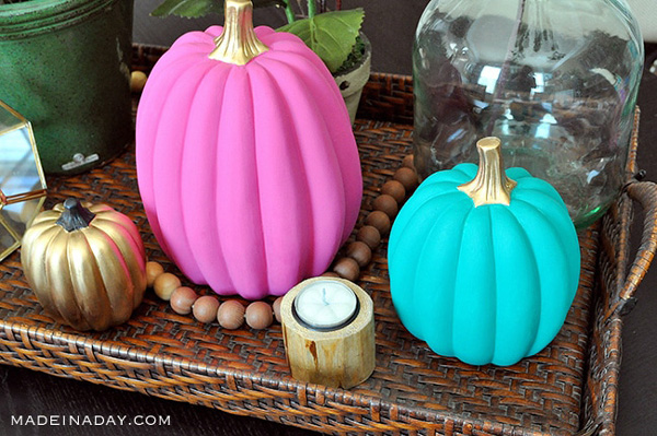 bright pink and teal pumpkins with gold stems from Made in a Day