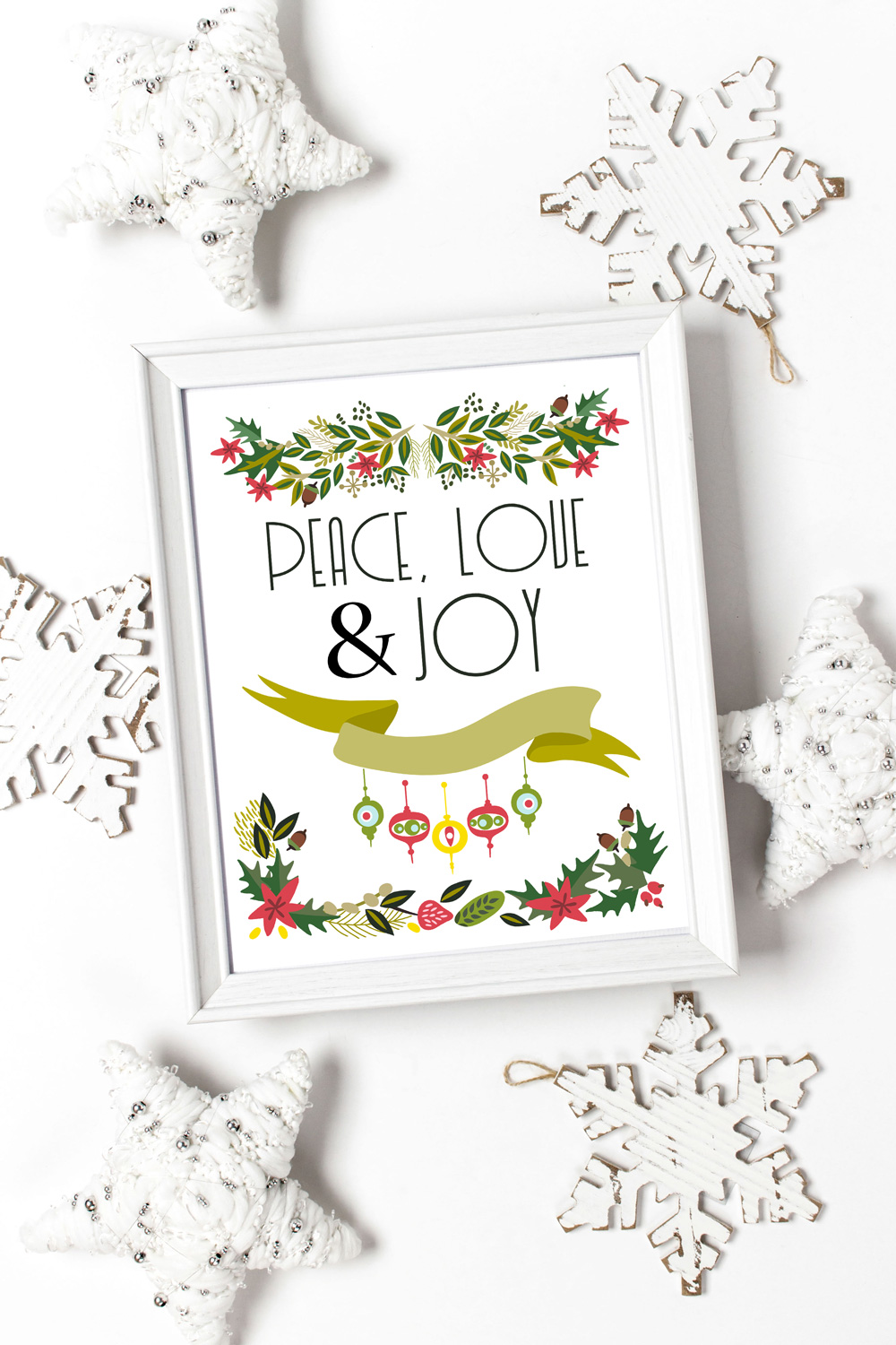 framed print of vintage ornaments and greenery with lettered "Peace, Love & Joy"
