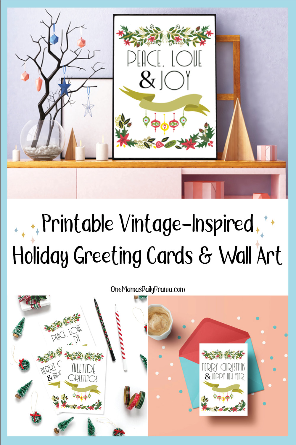 collage of images from this blog post with text overlay that reads "Printable Vintage-Inspired Holiday Greeting Cards & Wall Art"