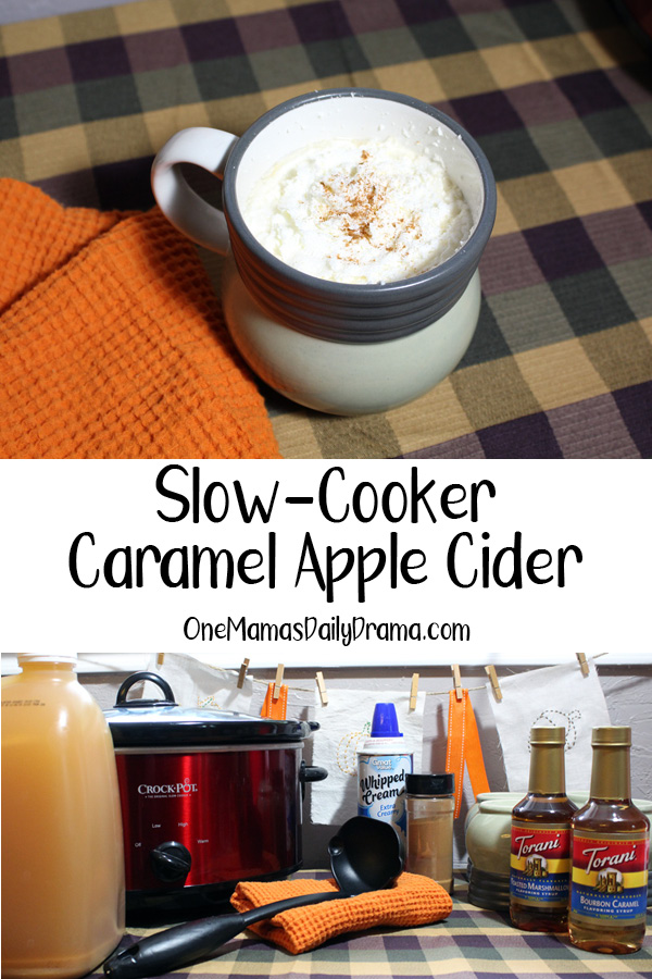 collage of photos from this blog post with text overlay that reads "slow-cooker caramel apple cider"