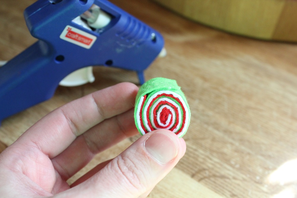 spiral felt candy center with end glued closed