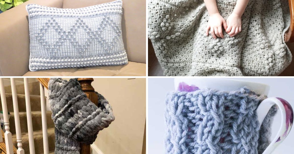 Collage of 4 crochet and knit Christmas gift ideas including a pillow, blanket, scarf, and mug cozy.
