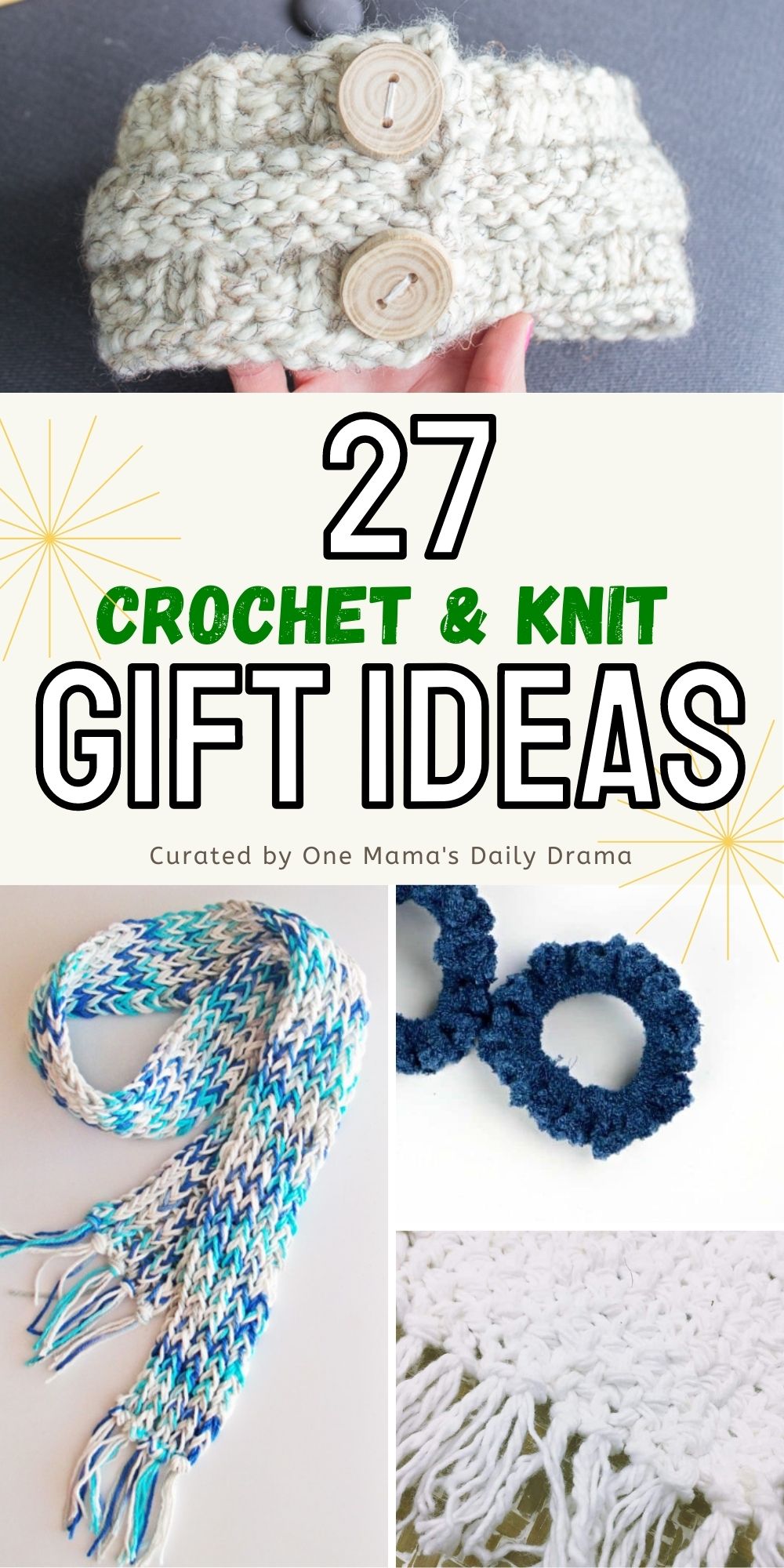 Collage of photos showing a headband, scarf, scrunchie, and coaster with text overlay that reads "Crochet and knit gift ideas."